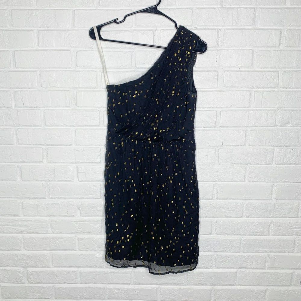 Shoshanna One Shoulder Black Gold Polka Dot Dress Silk Size 4